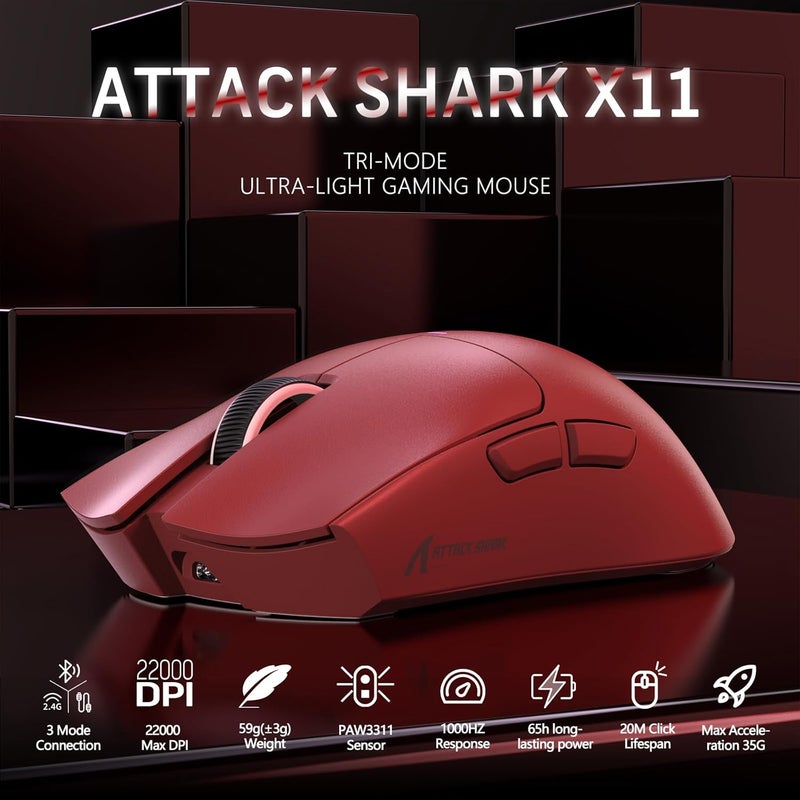 Magic-Refiner Attack Shark X11 59g Superlight Wireless Gaming Mouse with Magnetic RGB Charging Dock，BT/2.4G Wireless/Wired Mouse, 22000 DPI，5 Programmable Buttons for PC/Laptop/Mac（Red） - Image 2